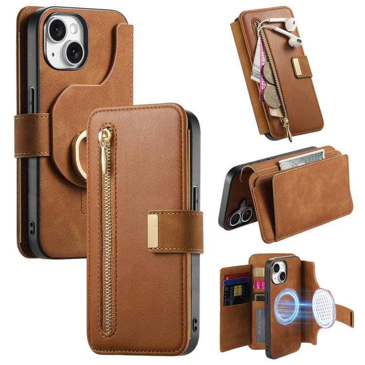 Ring Zipper Wallet RFID Blocking MagSafe Leather Phone Case, For iPhone 14 Plus, For iPhone 14, For iPhone 14 Pro