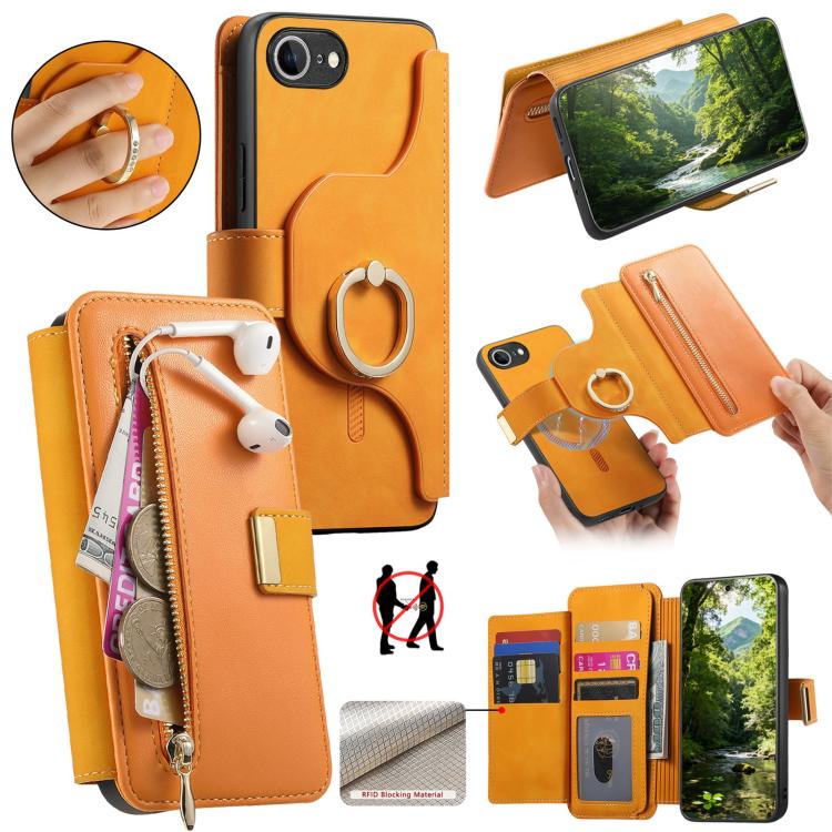 Ring Zipper Wallet RFID Blocking MagSafe Leather Phone Case, For iPhone 17e / 16e, For iPhone 16 Pro Max, For iPhone 16 Pro