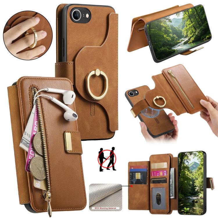 Ring Zipper Wallet RFID Blocking MagSafe Leather Phone Case, For iPhone 17e / 16e, For iPhone 16 Pro Max, For iPhone 16 Pro