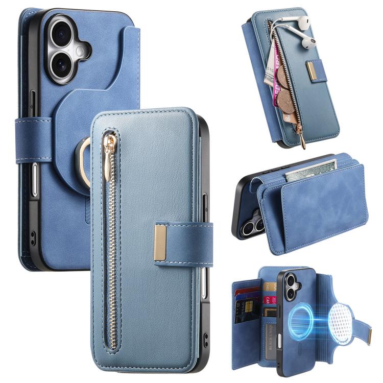 Ring Zipper Wallet RFID Blocking MagSafe Leather Phone Case, For iPhone 17e / 16e, For iPhone 16 Pro Max, For iPhone 16 Pro