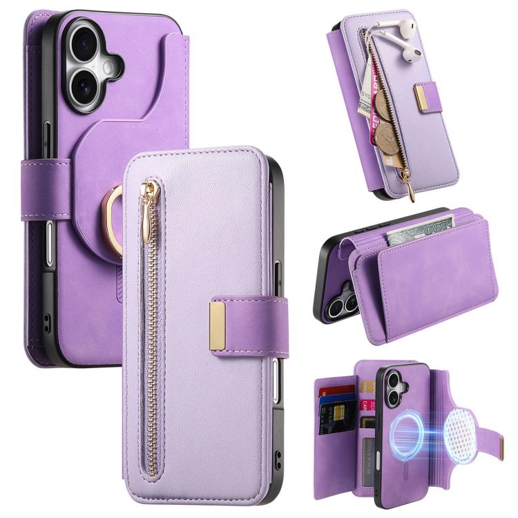 Ring Zipper Wallet RFID Blocking MagSafe Leather Phone Case, For iPhone 17e / 16e, For iPhone 16 Pro Max, For iPhone 16 Pro