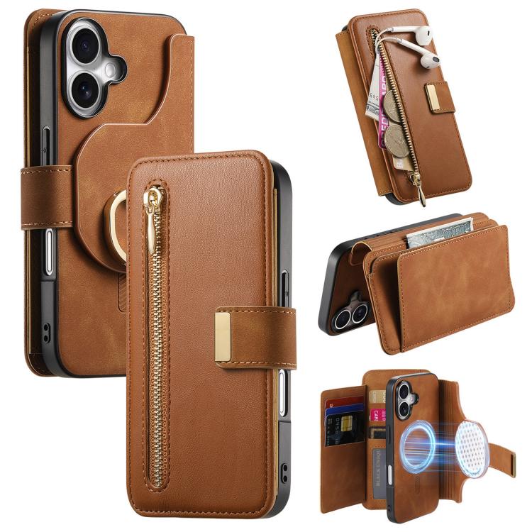 Ring Zipper Wallet RFID Blocking MagSafe Leather Phone Case, For iPhone 17e / 16e, For iPhone 16 Pro Max, For iPhone 16 Pro