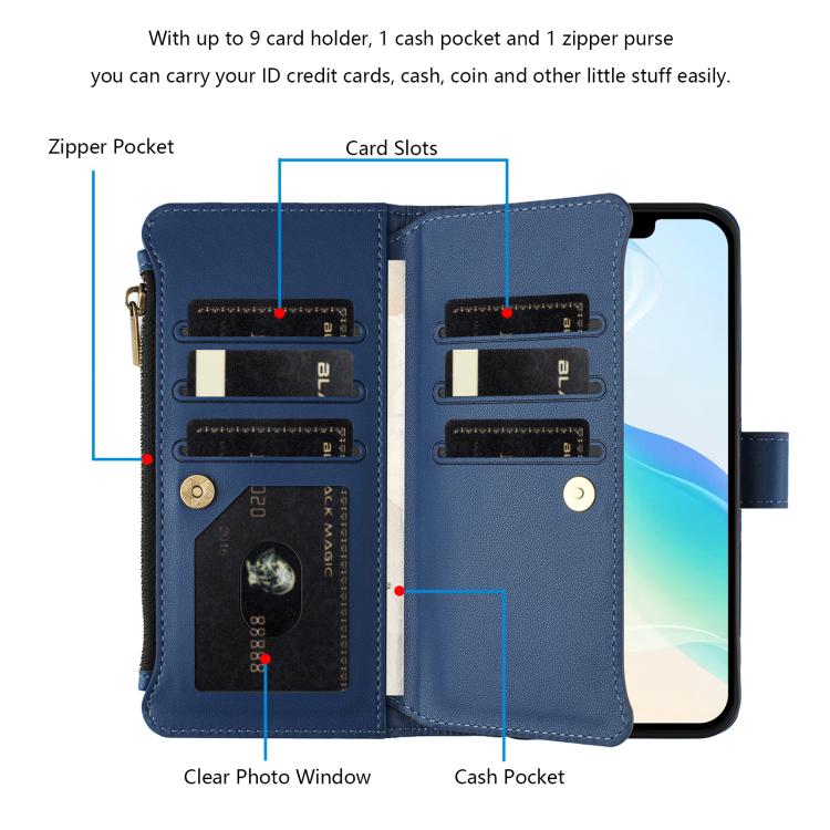 Magnetic Closure 9 Card Slots Zipper Leather Case with Hand Strap, For iPhone 16, For iPhone 15 Pro Max, For iPhone 15 Pro, For iPhone 15 Plus