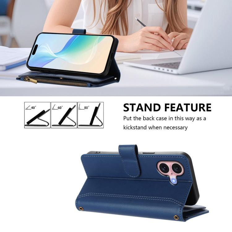 Magnetic Closure 9 Card Slots Zipper Leather Case with Hand Strap, For iPhone 16, For iPhone 15 Pro Max, For iPhone 15 Pro, For iPhone 15 Plus