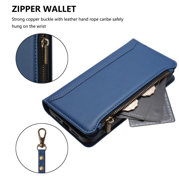 Magnetic Closure 9 Card Slots Zipper Leather Case with Hand Strap, For iPhone 16, For iPhone 15 Pro Max, For iPhone 15 Pro, For iPhone 15 Plus