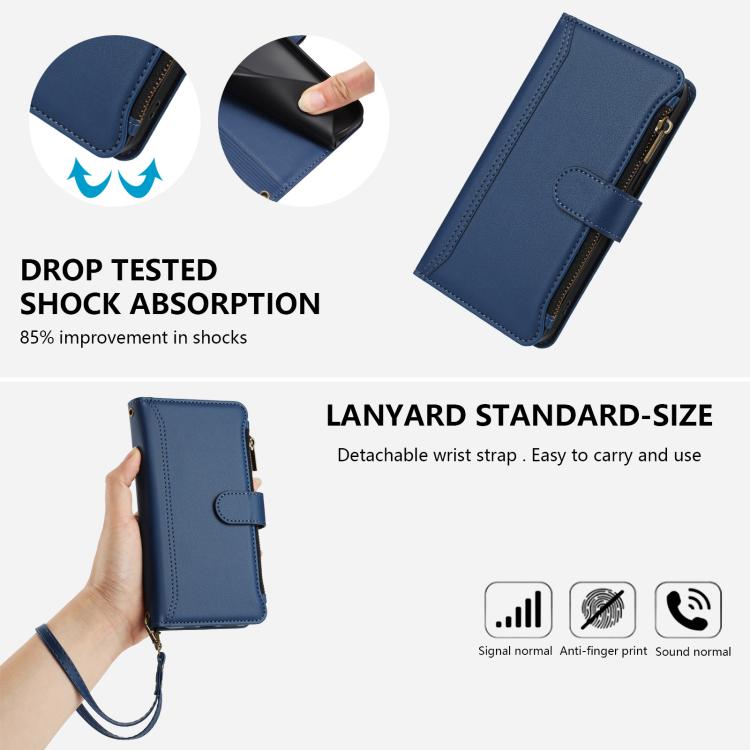 Magnetic Closure 9 Card Slots Zipper Leather Case with Hand Strap, For iPhone 16, For iPhone 15 Pro Max, For iPhone 15 Pro, For iPhone 15 Plus