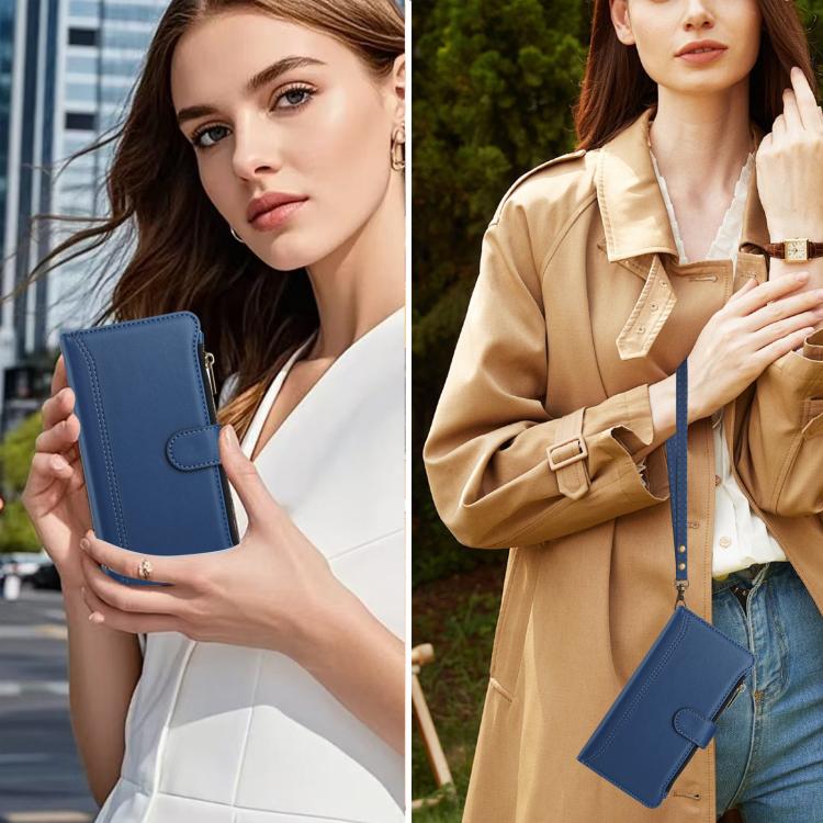 Magnetic Closure 9 Card Slots Zipper Leather Case with Hand Strap, For iPhone 16, For iPhone 15 Pro Max, For iPhone 15 Pro, For iPhone 15 Plus