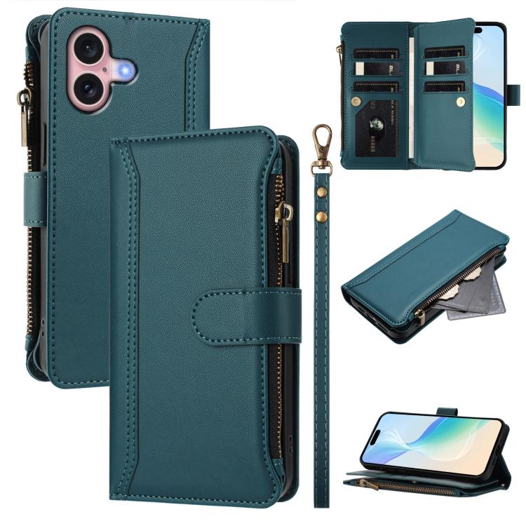 Magnetic Closure 9 Card Slots Zipper Leather Case with Hand Strap, For iPhone 16, For iPhone 15 Pro Max, For iPhone 15 Pro, For iPhone 15 Plus