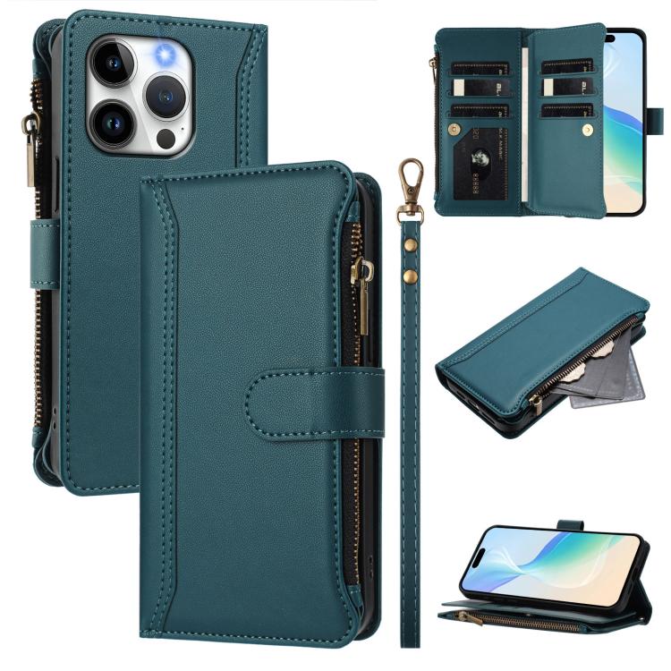 Magnetic Closure 9 Card Slots Zipper Leather Case with Hand Strap, For iPhone 16, For iPhone 15 Pro Max, For iPhone 15 Pro, For iPhone 15 Plus