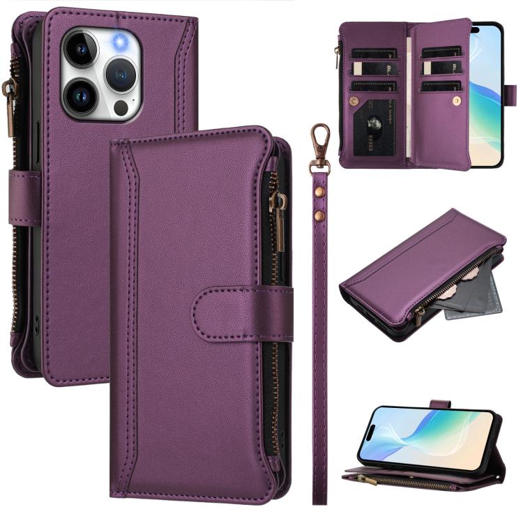 Magnetic Closure 9 Card Slots Zipper Leather Case with Hand Strap, For iPhone 16, For iPhone 15 Pro Max, For iPhone 15 Pro, For iPhone 15 Plus