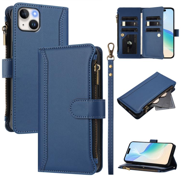 Magnetic Closure 9 Card Slots Zipper Leather Case with Hand Strap, For iPhone 16, For iPhone 15 Pro Max, For iPhone 15 Pro, For iPhone 15 Plus