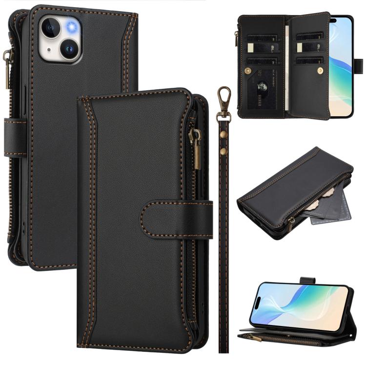 Magnetic Closure 9 Card Slots Zipper Leather Case with Hand Strap, For iPhone 16, For iPhone 15 Pro Max, For iPhone 15 Pro, For iPhone 15 Plus