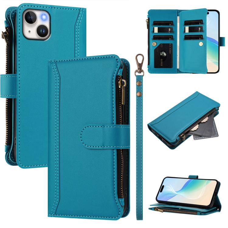 Magnetic Closure 9 Card Slots Zipper Leather Case with Hand Strap, For iPhone 16, For iPhone 15 Pro Max, For iPhone 15 Pro, For iPhone 15 Plus