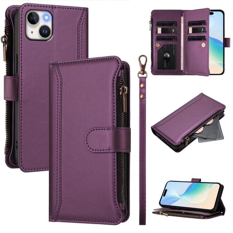 Magnetic Closure 9 Card Slots Zipper Leather Case with Hand Strap, For iPhone 16, For iPhone 15 Pro Max, For iPhone 15 Pro, For iPhone 15 Plus