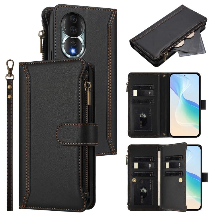 Magnetic Closure 9 Card Slots Zipper Leather Case with Hand Strap, For Honor X9a 5G / Magic5 Lite, For Honor 80 GT 5G, For Honor 80 5G, For Honor X30 5G / X9 5G / X9 4G