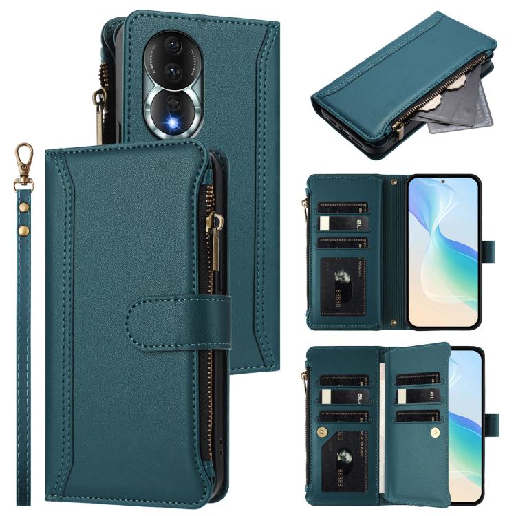 Magnetic Closure 9 Card Slots Zipper Leather Case with Hand Strap, For Honor X9a 5G / Magic5 Lite, For Honor 80 GT 5G, For Honor 80 5G, For Honor X30 5G / X9 5G / X9 4G