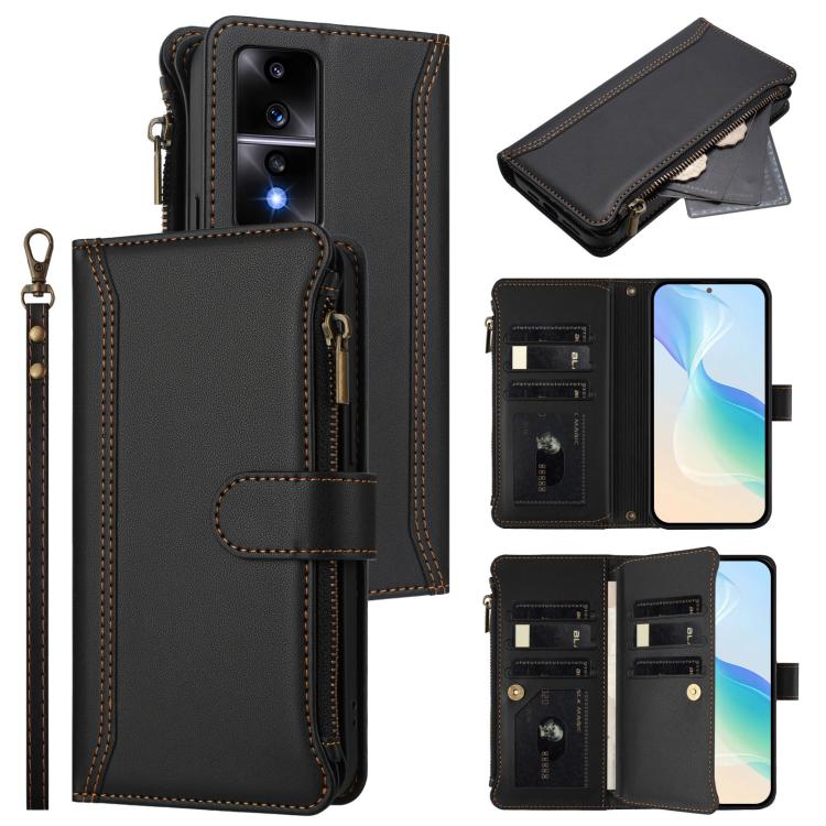 Magnetic Closure 9 Card Slots Zipper Leather Case with Hand Strap, For Honor X9a 5G / Magic5 Lite, For Honor 80 GT 5G, For Honor 80 5G, For Honor X30 5G / X9 5G / X9 4G