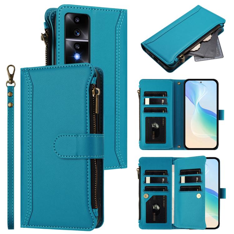 Magnetic Closure 9 Card Slots Zipper Leather Case with Hand Strap, For Honor X9a 5G / Magic5 Lite, For Honor 80 GT 5G, For Honor 80 5G, For Honor X30 5G / X9 5G / X9 4G