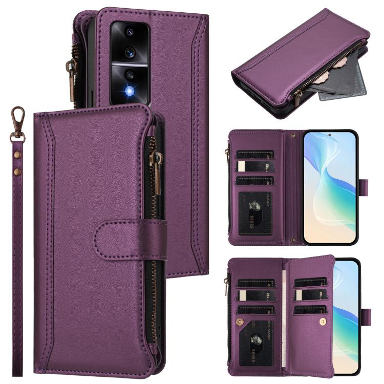 Magnetic Closure 9 Card Slots Zipper Leather Case with Hand Strap, For Honor X9a 5G / Magic5 Lite, For Honor 80 GT 5G, For Honor 80 5G, For Honor X30 5G / X9 5G / X9 4G
