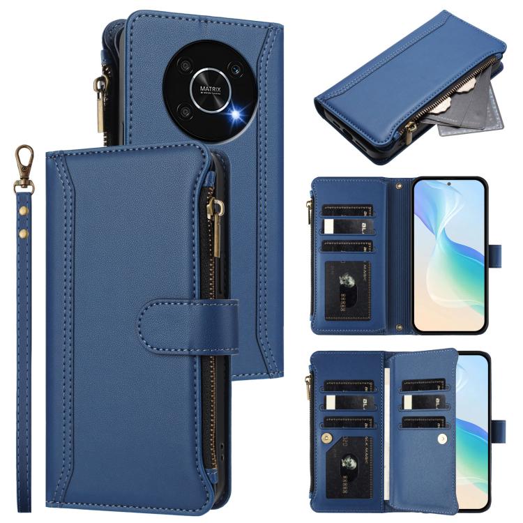Magnetic Closure 9 Card Slots Zipper Leather Case with Hand Strap, For Honor X9a 5G / Magic5 Lite, For Honor 80 GT 5G, For Honor 80 5G, For Honor X30 5G / X9 5G / X9 4G