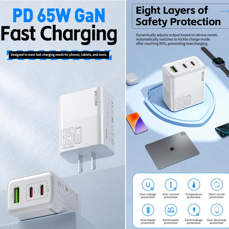 WK WP-U66 Kinkong 65W Dual USB-C / Type-C + USB GaN Fast Charger, UK Plug, US Plug, EU Plug
