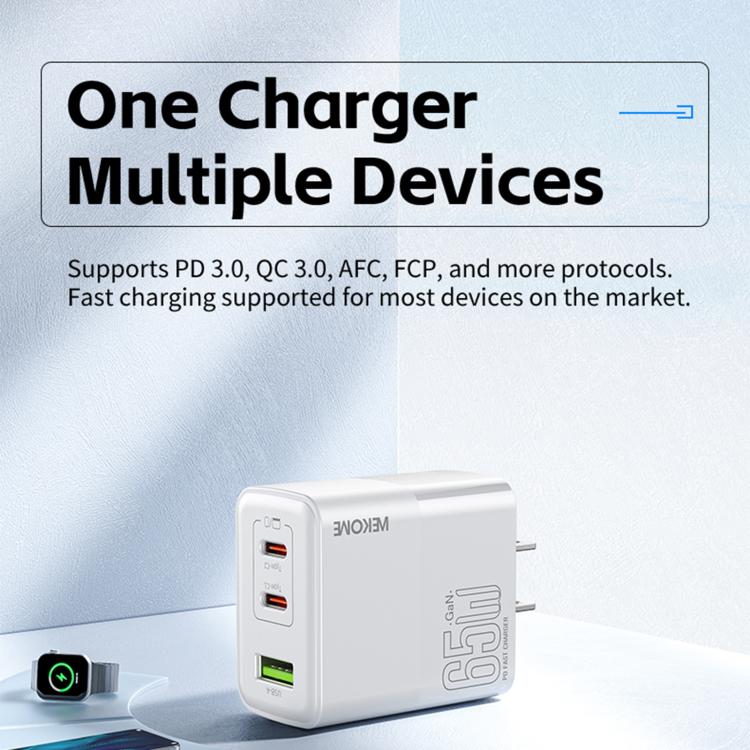 WK WP-U66 Kinkong 65W Dual USB-C / Type-C + USB GaN Fast Charger, UK Plug, US Plug, EU Plug