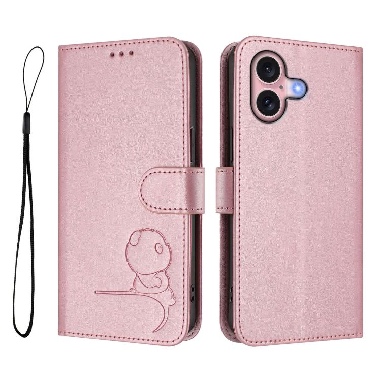 Litter Panda Embossing RFID Leather Phone Case with Lanyard, For iPhone 16, For iPhone 15 Pro Max, For iPhone 15 Pro, For iPhone 15 Plus