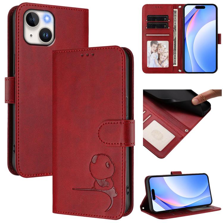 Litter Panda Embossing RFID Leather Phone Case with Lanyard, For iPhone 15, For iPhone 14 Plus, For iPhone 14 / 13, For iPhone 14 Pro