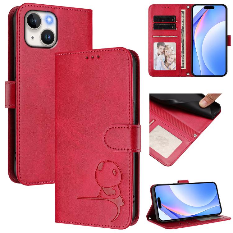 Litter Panda Embossing RFID Leather Phone Case with Lanyard, For iPhone 15, For iPhone 14 Plus, For iPhone 14 / 13, For iPhone 14 Pro