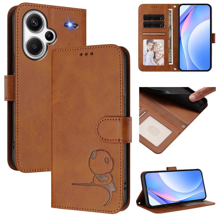 Litter Panda Embossing RFID Leather Phone Case with Lanyard, For Redmi Note 13 5G, For Redmi Note 13 Pro+ 5G, For Redmi 12 4G / 12 5G Global / India, For Redmi Note 12T Pro / Poco X4 GT