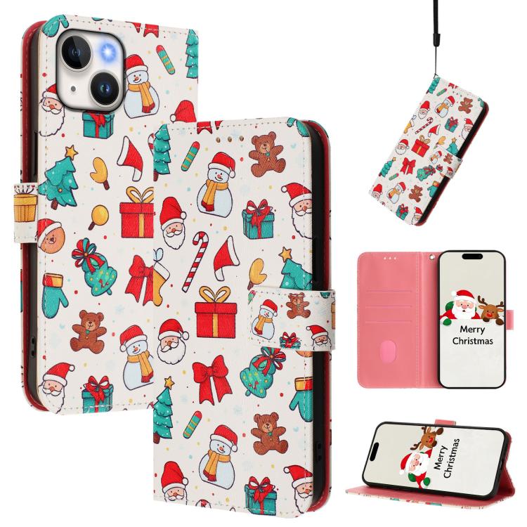 Christmas Series Buckle Leather Phone Case with Hand Strap, For iPhone 15, For iPhone 14 Plus, For iPhone 14 / 13, For iPhone 14 Pro