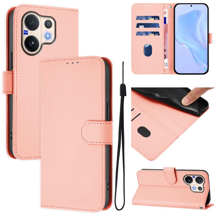 Skin Feel Solid Color Leather Phone Case with Lanyard, For vivo V60 5G Global
