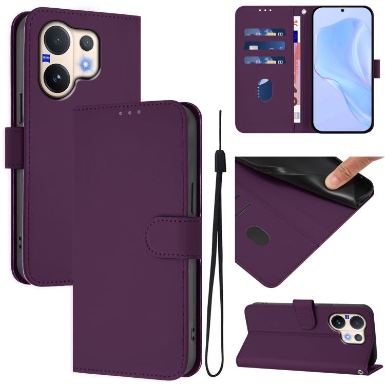 Skin Feel Solid Color Leather Phone Case with Lanyard, For vivo V60 5G Global