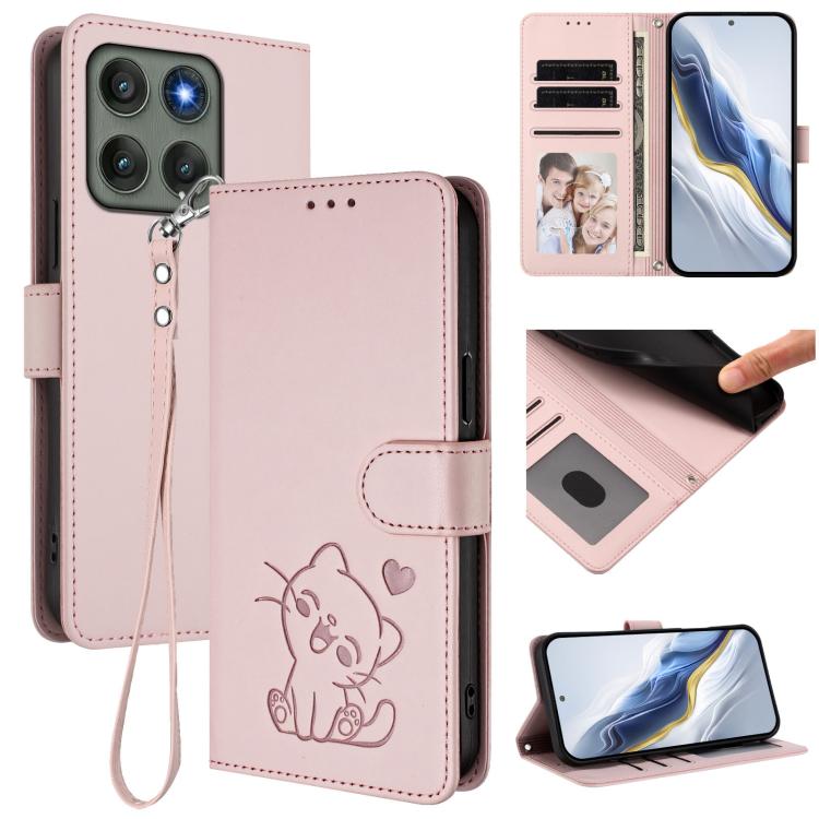 Embossed Heart Cat Leather Phone Case with Hand Strap, For Motorola Edge 60 Pro, For Motorola Edge 60 Fusion