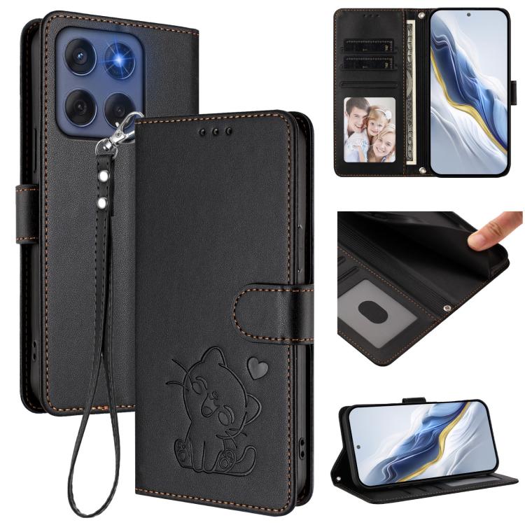 Embossed Heart Cat Leather Phone Case with Hand Strap, For Motorola Edge 60 Pro, For Motorola Edge 60 Fusion