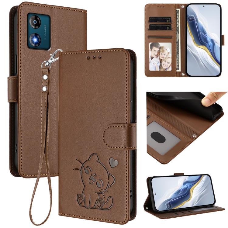Embossed Heart Cat Leather Phone Case with Hand Strap, For Motorola Edge+ 2023 / 40 Pro, For Motorola Moto E13 4G 2023