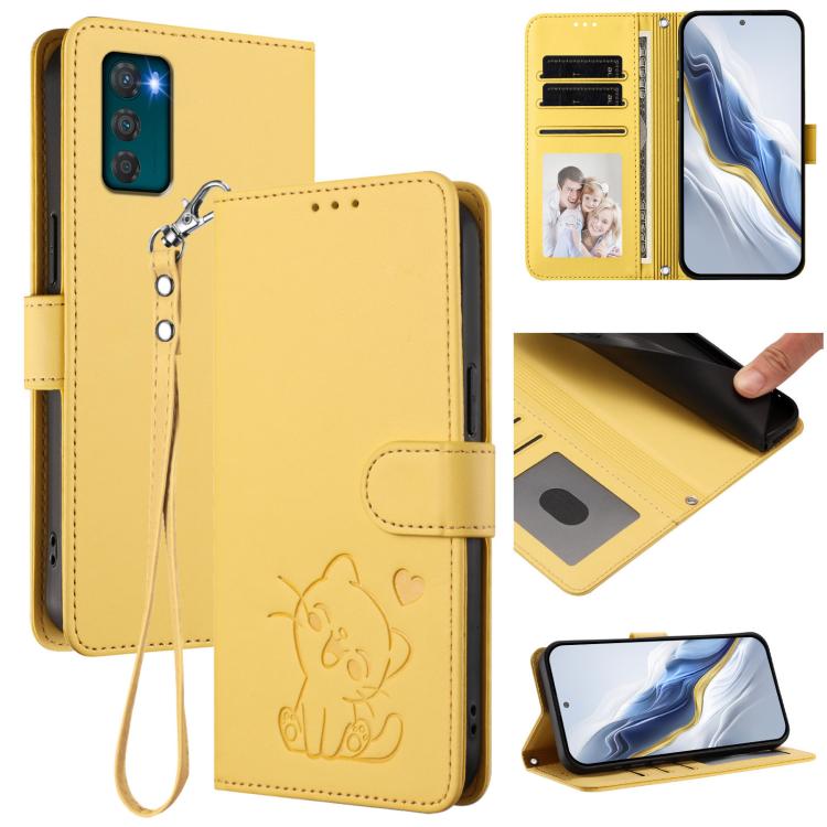 Embossed Heart Cat Leather Phone Case with Hand Strap, For Motorola Moto G42 4G, For Motorola Moto G52 4G / G82 5G