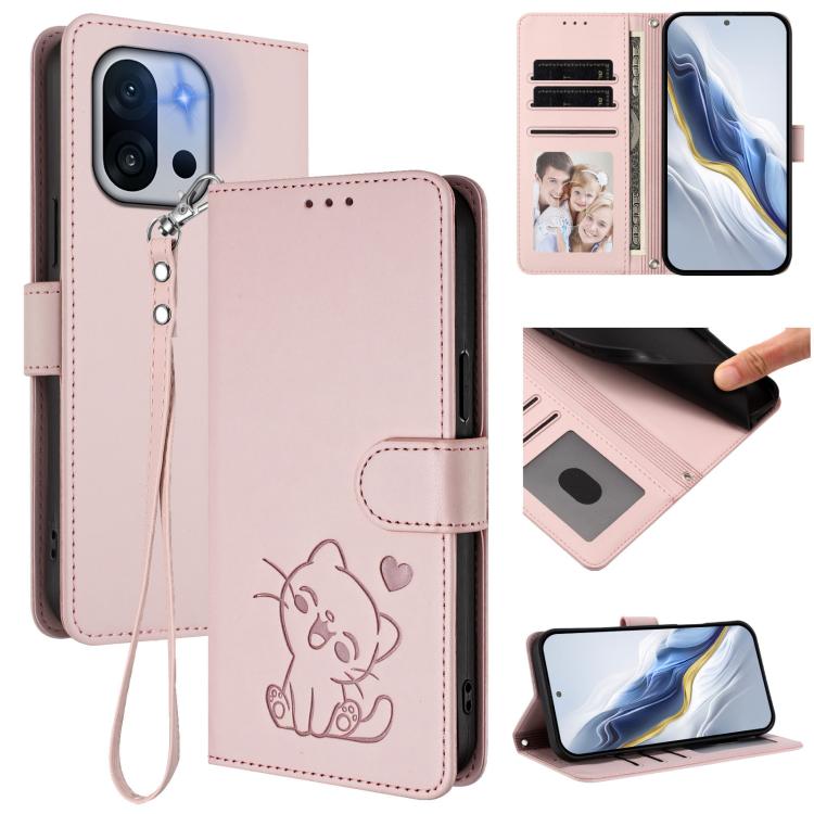 Embossed Heart Cat Leather Phone Case with Hand Strap, For OnePlus 13T 5G, For OnePlus 13R / Ace 5 Pro / Ace 5