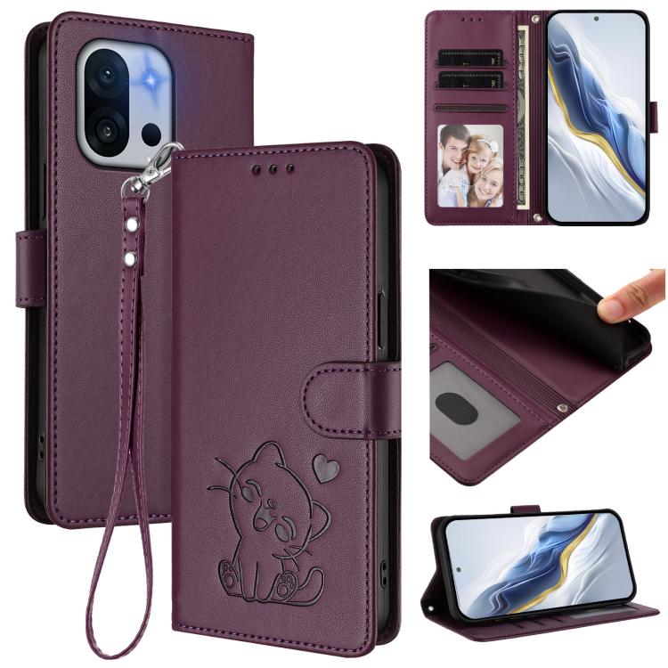 Embossed Heart Cat Leather Phone Case with Hand Strap, For OnePlus 13T 5G, For OnePlus 13R / Ace 5 Pro / Ace 5