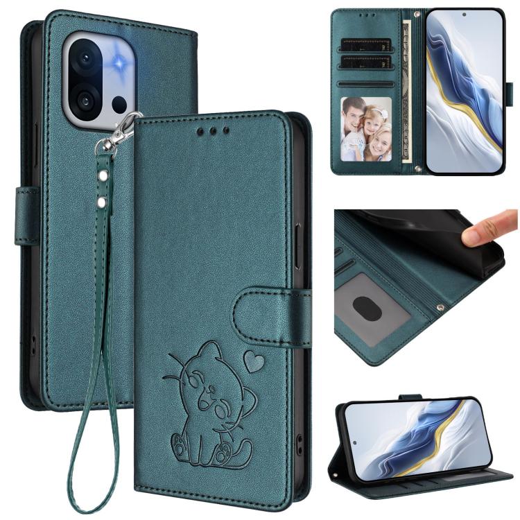 Embossed Heart Cat Leather Phone Case with Hand Strap, For OnePlus 13T 5G, For OnePlus 13R / Ace 5 Pro / Ace 5