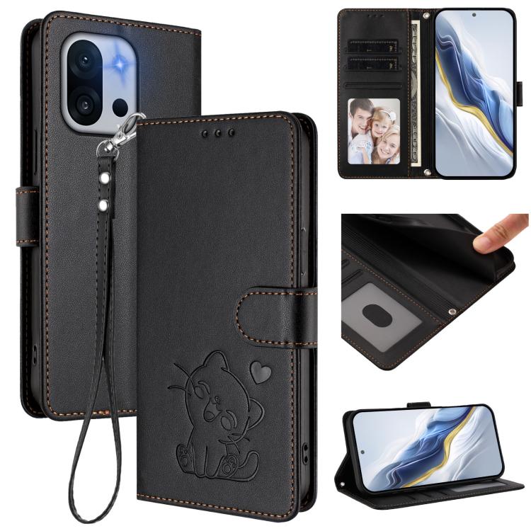 Embossed Heart Cat Leather Phone Case with Hand Strap, For OnePlus 13T 5G, For OnePlus 13R / Ace 5 Pro / Ace 5