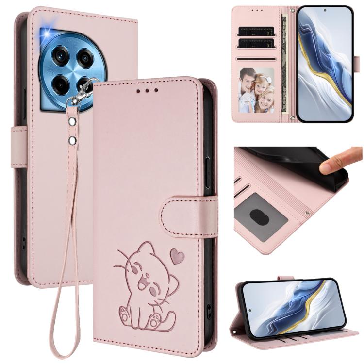Embossed Heart Cat Leather Phone Case with Hand Strap, For OnePlus 12R 5G / Ace 3 5G, For OnePlus 12 5G
