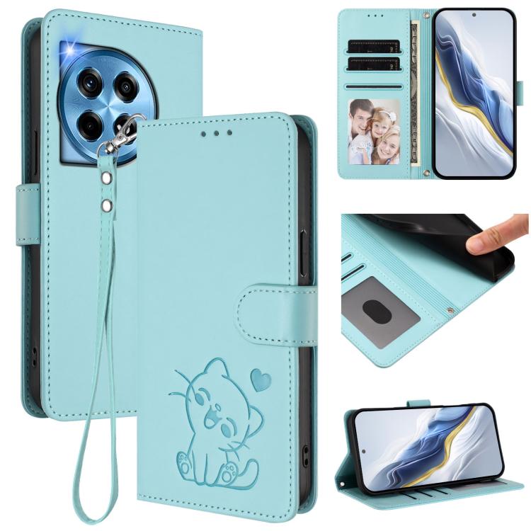 Embossed Heart Cat Leather Phone Case with Hand Strap, For OnePlus 12R 5G / Ace 3 5G, For OnePlus 12 5G