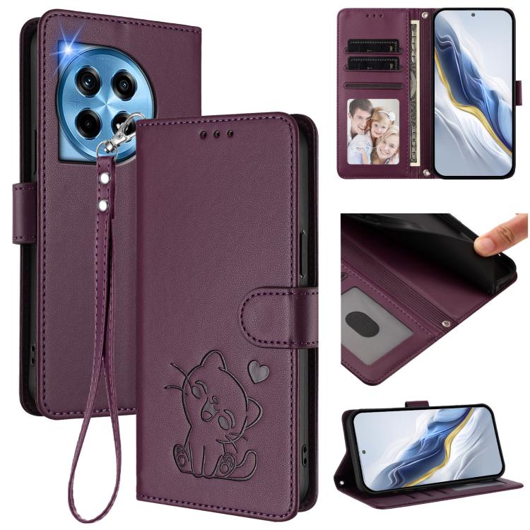 Embossed Heart Cat Leather Phone Case with Hand Strap, For OnePlus 12R 5G / Ace 3 5G, For OnePlus 12 5G