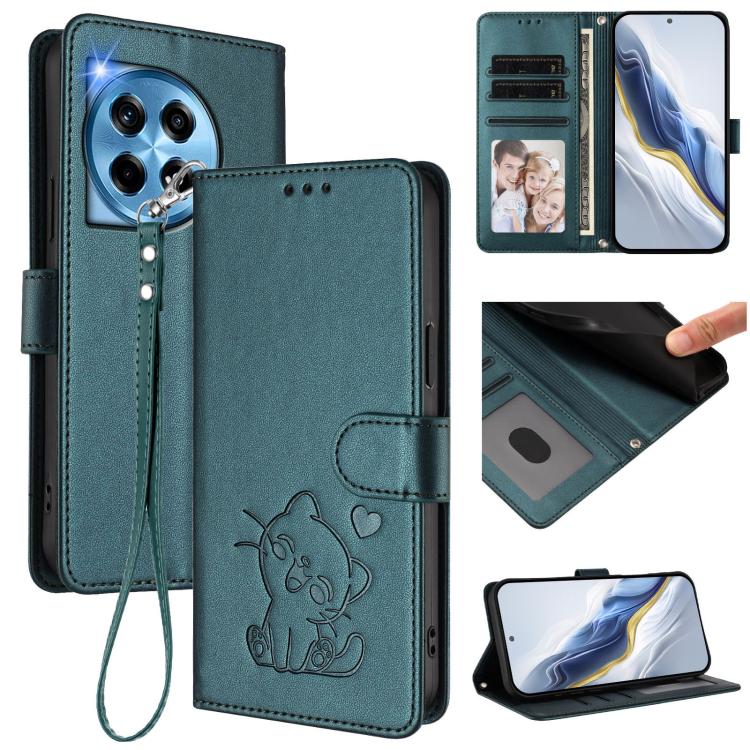 Embossed Heart Cat Leather Phone Case with Hand Strap, For OnePlus 12R 5G / Ace 3 5G, For OnePlus 12 5G