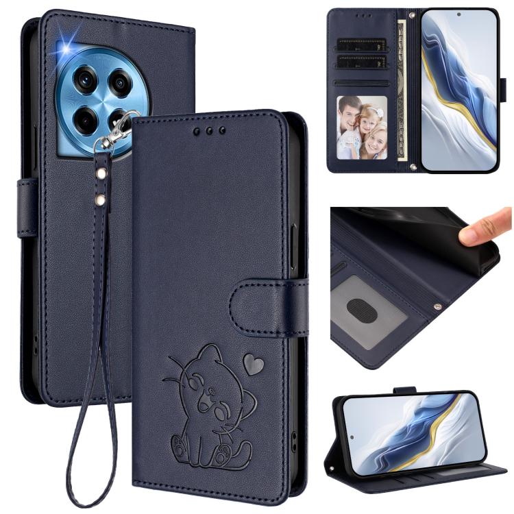 Embossed Heart Cat Leather Phone Case with Hand Strap, For OnePlus 12R 5G / Ace 3 5G, For OnePlus 12 5G
