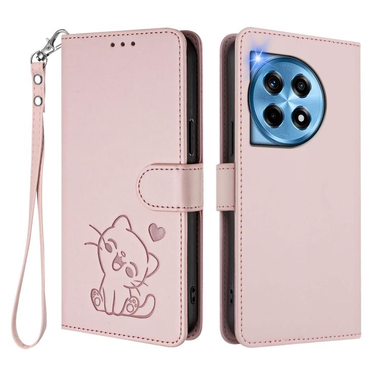 Embossed Heart Cat Leather Phone Case with Hand Strap, For OnePlus 12R 5G / Ace 3 5G, For OnePlus 12 5G