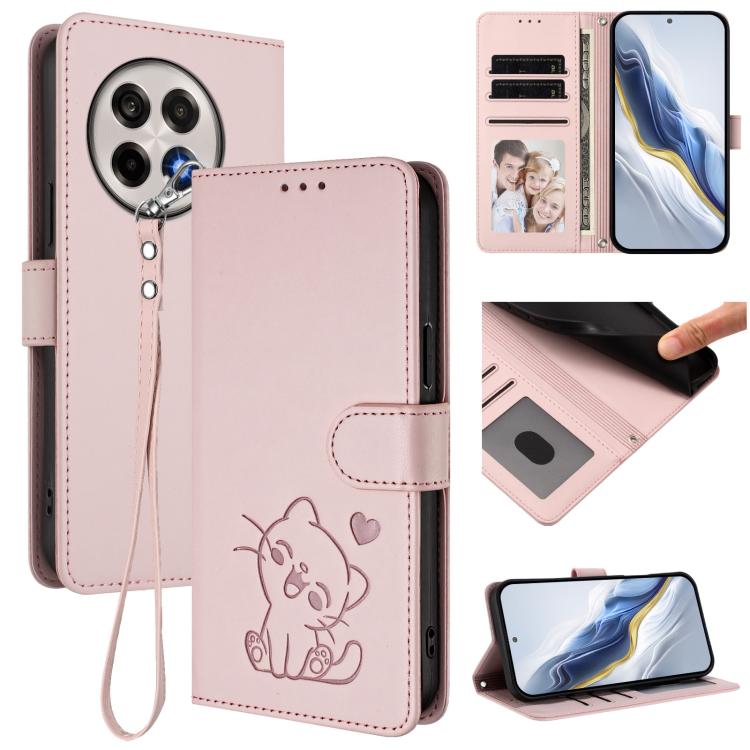 Embossed Heart Cat Leather Phone Case with Hand Strap, For OnePlus 13T 5G, For OnePlus 13R / Ace 5 Pro / Ace 5