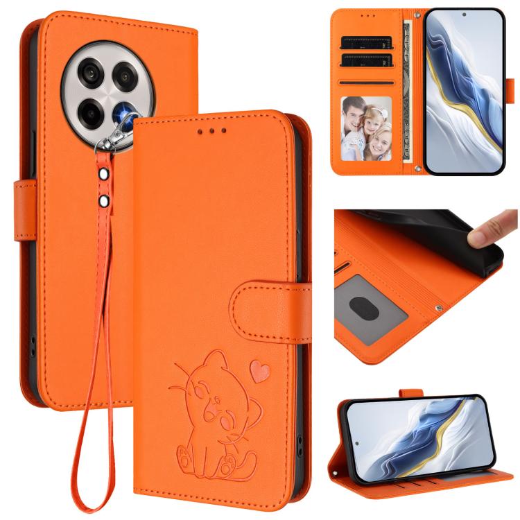 Embossed Heart Cat Leather Phone Case with Hand Strap, For OnePlus 13T 5G, For OnePlus 13R / Ace 5 Pro / Ace 5