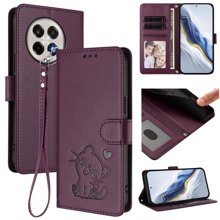 Embossed Heart Cat Leather Phone Case with Hand Strap, For OnePlus 13T 5G, For OnePlus 13R / Ace 5 Pro / Ace 5